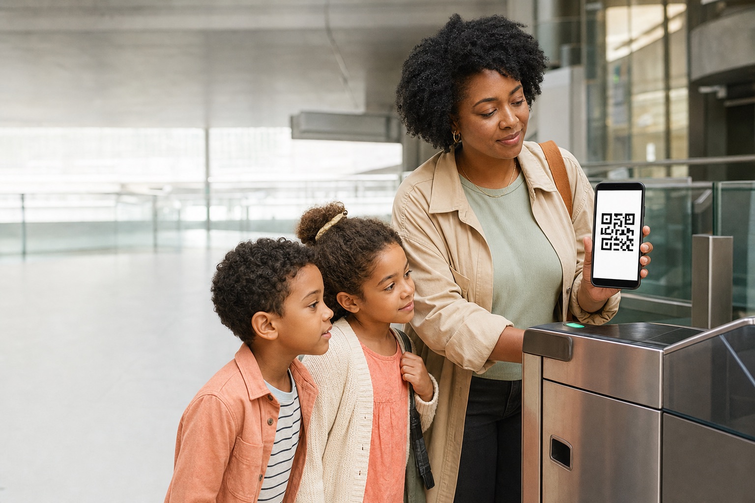 Una madre y sus dos hijos presentan tranquilamente un QR ampliado ante un torno de estación
