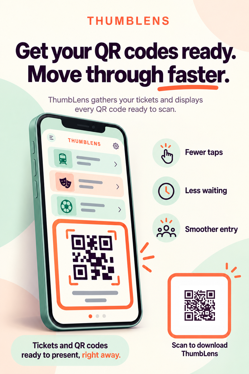 ThumbLens professional poster in US English with a download QR code