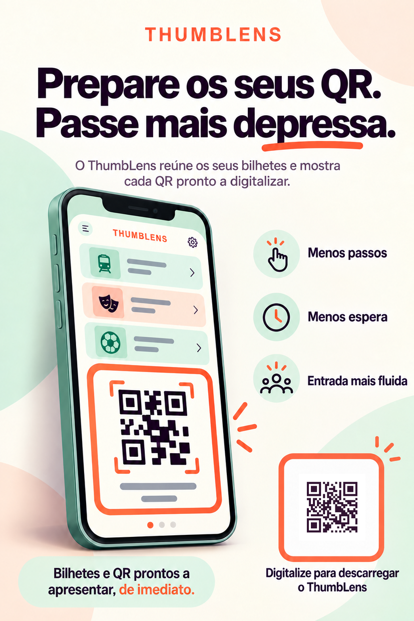 Cartaz profissional ThumbLens em português com QR de descarga